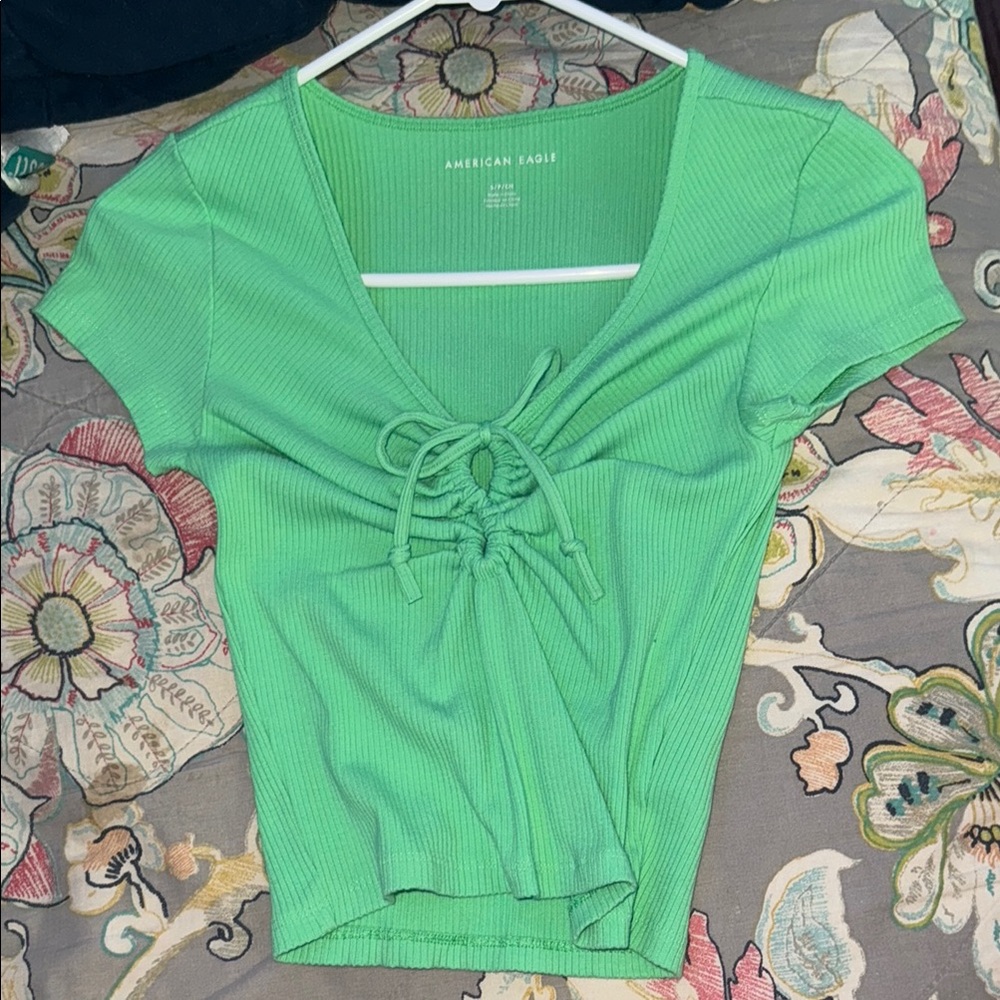 American Eagle Outfitters Green Ruched Tie-Front Blouse